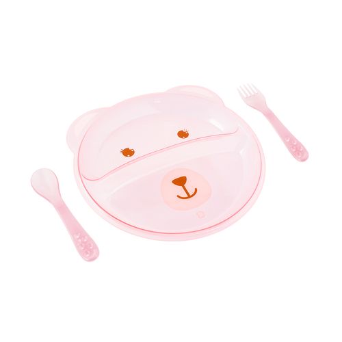 Prato bichinho c/divisória e talher urso feminino Pimpolho