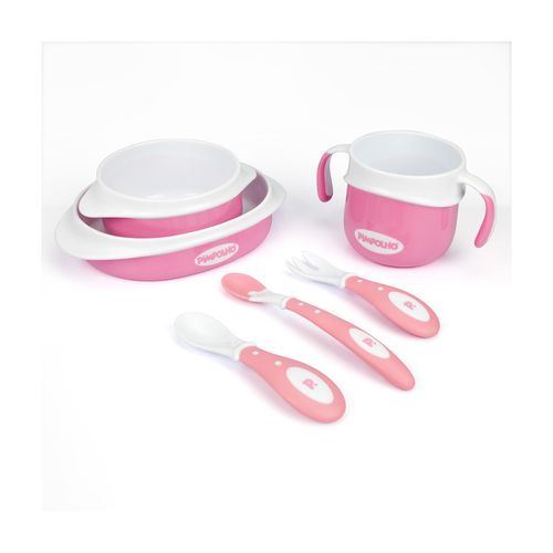 Kit alimentação 6 peças contendo: 1 prato, 1 bowl, 1 pote C/alça, 1 garfo e 2 colheres fem Pimpolho