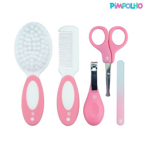 Kit cuidados P/ o bebê 5 peças: tesoura, cortador, lixa de unha, pente e escova fem Pimpolho