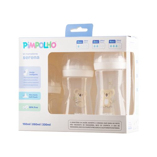 Kit de Mamadeiras Serena Coala Branca 3PCS 150ML/260ML/330ML Feminino Pimpolho
