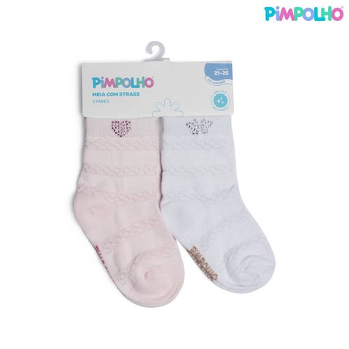 Kit 2 meias com textura e strass 21-25 branco/borboleta e rosa/coração