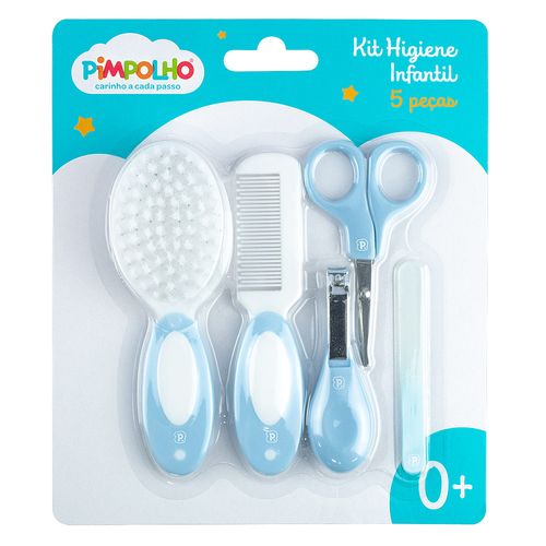 Kit cuidados com bebê 5 peças: tesoura, cortador, lixa de unha, pente e escova masculino Pimpolho