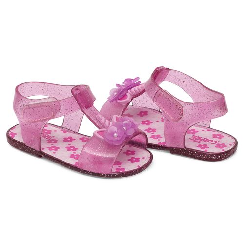 Sandália infantil Pimpolho rosa glitter com enfeite unicornio com flores