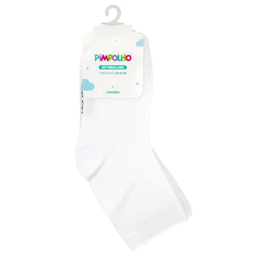 Kit meia lisa 3 prs/tag cano alto 31-34 branca unissex Pimpolho