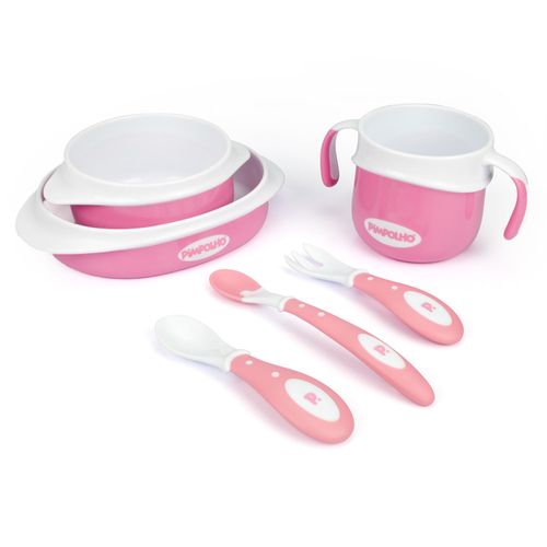 Kit alimentação 6 peças contendo: 1 prato, 1 bowl, 1 pote C/alça, 1 garfo e 2 colheres fem Pimpolho