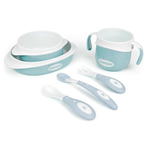 Kit alimentação 6 peças contendo: 1 prato, 1 bowl, 1 pote C/alça, 1 garfo e 2 colheres masc Pimpolho